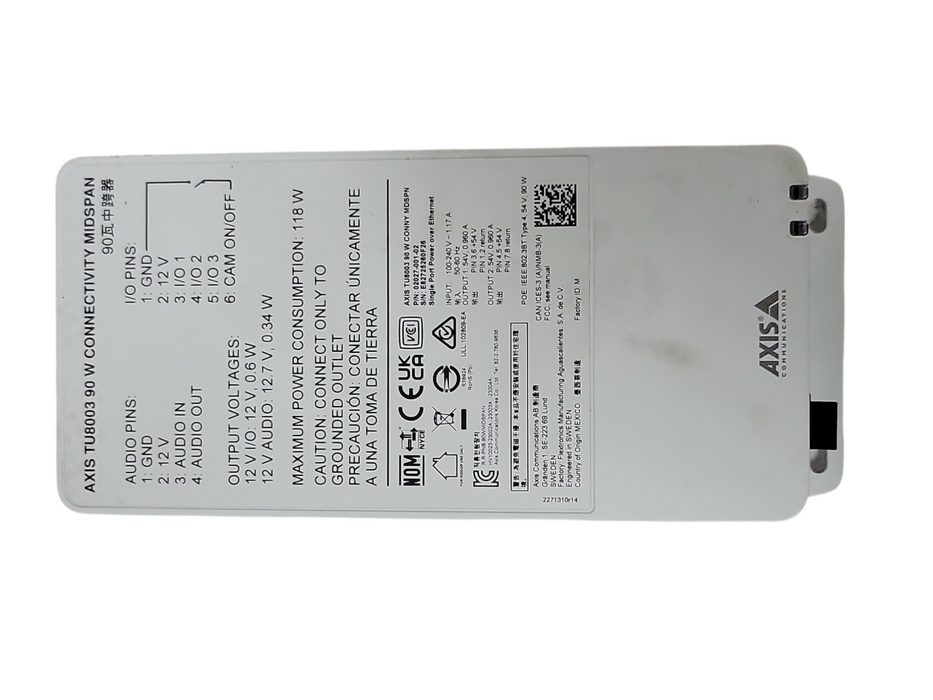 AXIS TU8003 90 W CONNECTIVITY MIDSPAN, Poe 90 W Security camera power injector