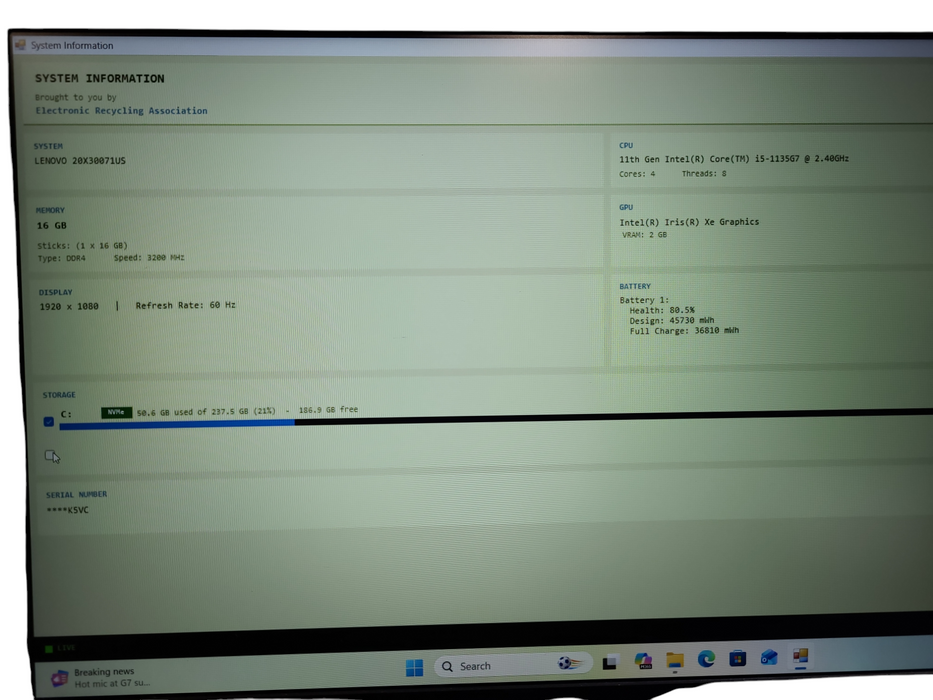 Lenovo ThinkPad L15 Gen 2 i5-1135G7 @2.40GHz 16GB DDR4 RAM 256GB SSD