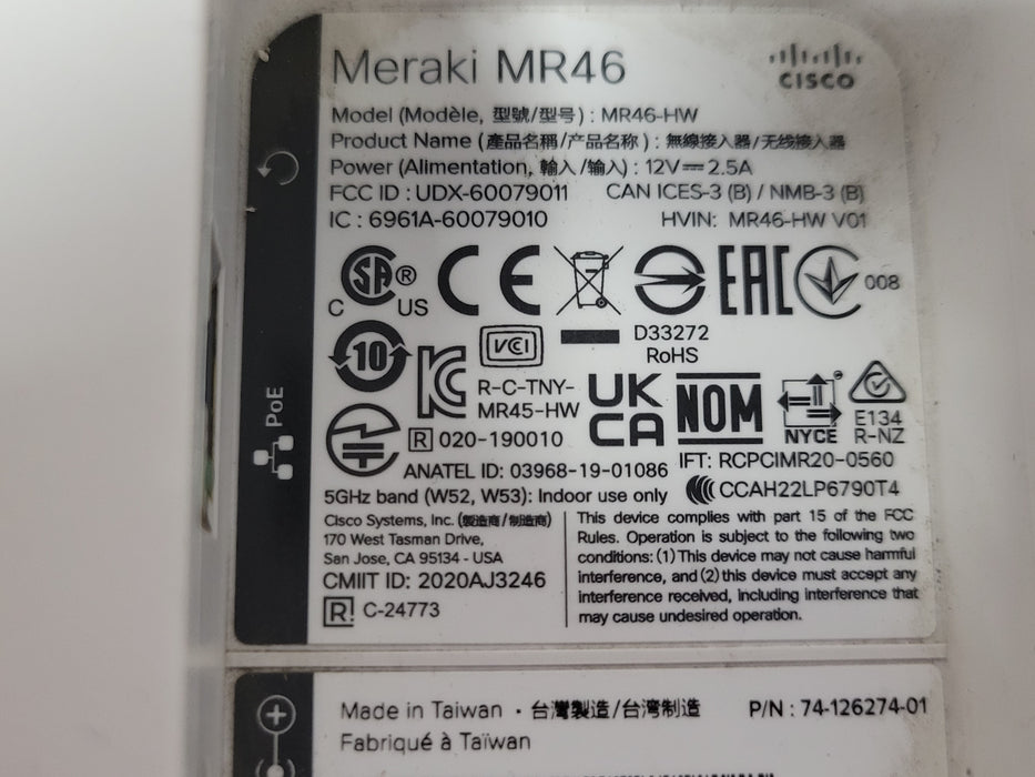 Lot of 4x Cisco Meraki MR46-HW CLOUD MANAGED ACCESS POINT UNCLAIMED w/ 3 mountin