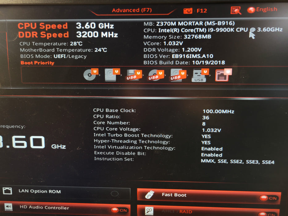 Core I9-9900K MSI Z370M MORTAR 32GB DDR4 + I/O Plate