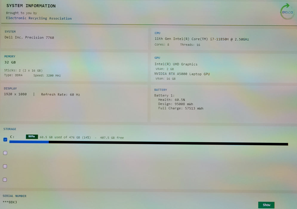 Dell Precision 7760 17" i7-11850H 32GB DDR4 RTX A5000 512GB NVMe READ