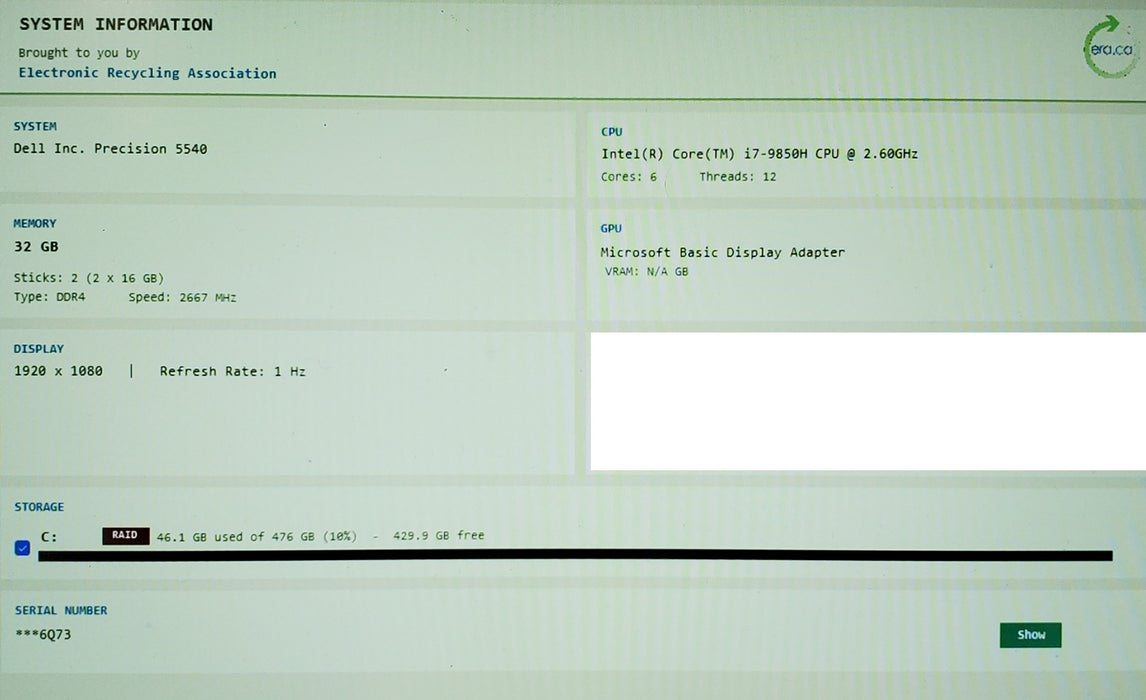 DELL Precision 5540 with i7-9850H CPU 32GB RAM & 512GB NVME
