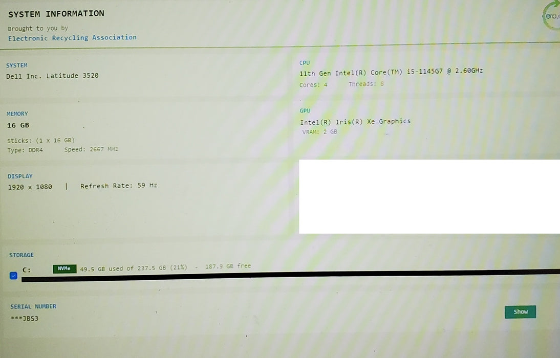 Dell Latitude 3520 Core i5-1145G7 @2.6GHx 16GB RAM 256GB SSD