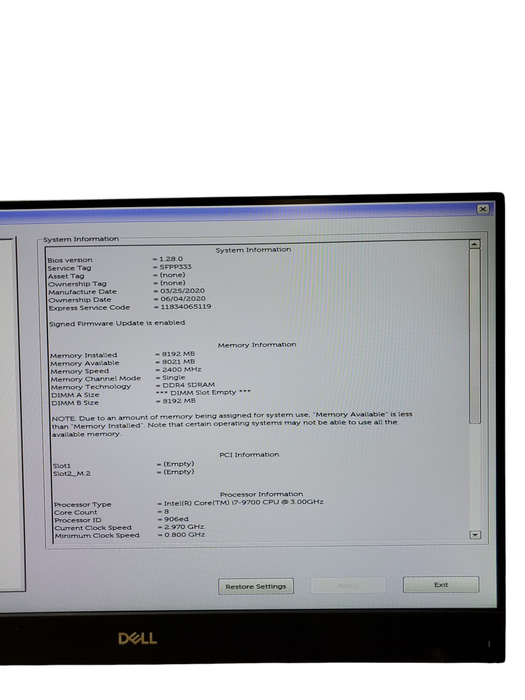 Dell OptiPlex 7470 All-In-One 23.8" FHD i7-9700 @3.0 8GB NO-HDD/SSD  NO-STAND