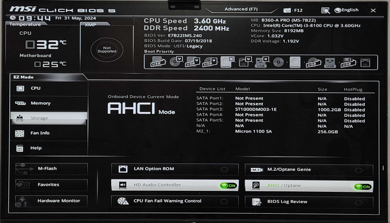 Custom PC/MSI B360-A PRO, i3-8100 3.60GHz, 8GB DDR4, 256GB Nvme, 1TB HDD