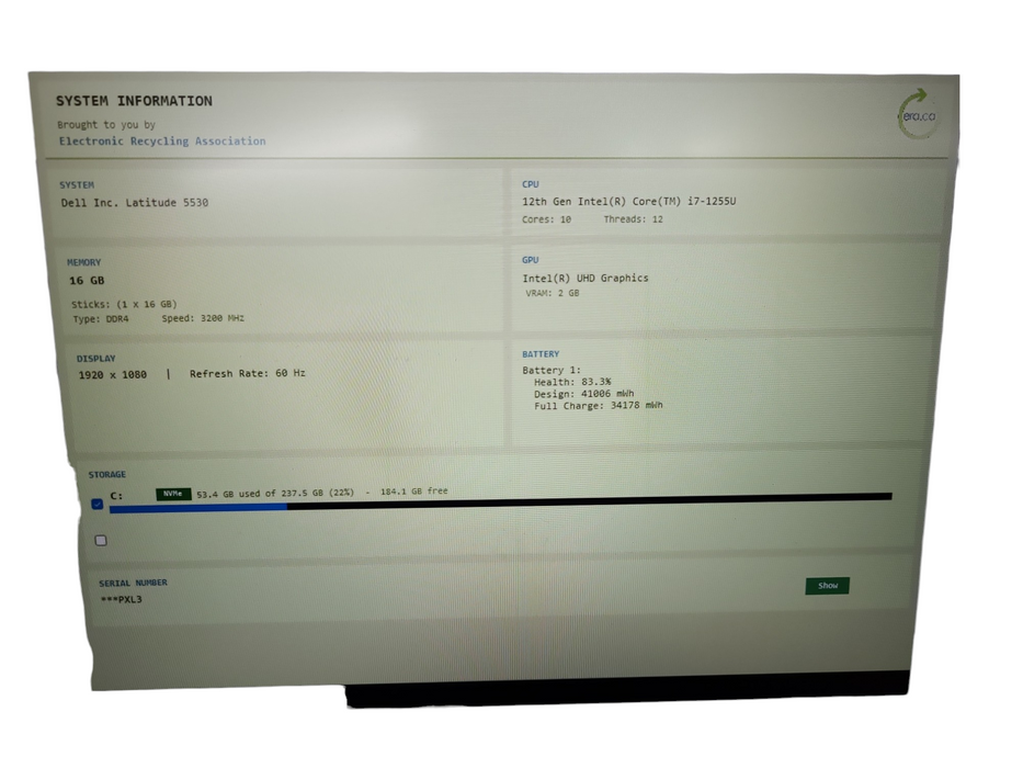 Dell Latitude 5530 Core i7-1255U @1.70GHz 16GB DDR4 RAM 256GB SSD