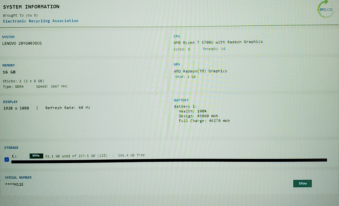 Lenovo ThinkPad E15 Gen 3 AMD RYZEN 7 5700U 16GB RAM 256GB SSD READ