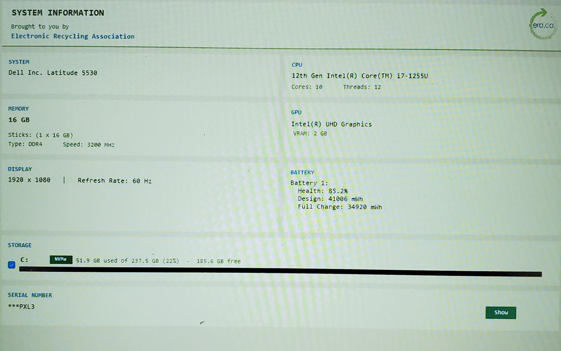 Dell Latitude 5530 Core i7-1255U @1.70GHz 16GB DDR4 RAM 256GB SSD