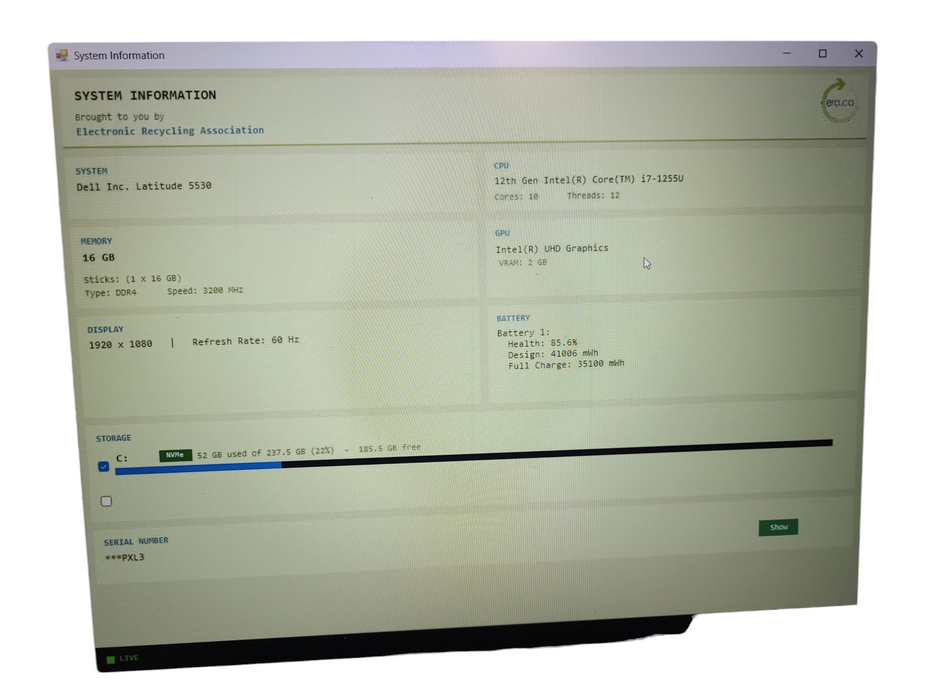 Dell Latitude 5530 Core i7-1255U @1.70GHz 16GB DDR4 RAM 256GB SSD