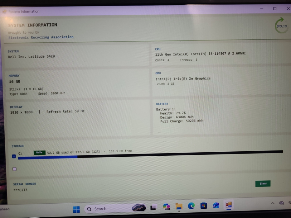 Dell Latitude 5420 Core i5-1145G7 2.6GHz 16GB DDR4 RAM 256GB SSD
