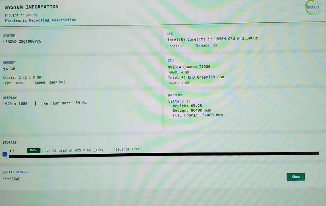 Lenovo ThinkPad P1 Gen 2 i7-9850H 16GB 512GB SSD Quadro T1000