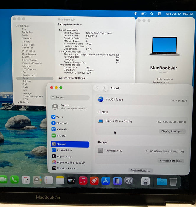 Apple MacBook Air 13" M1 2020 8GB RAM 256GB SSD No Power Adapter