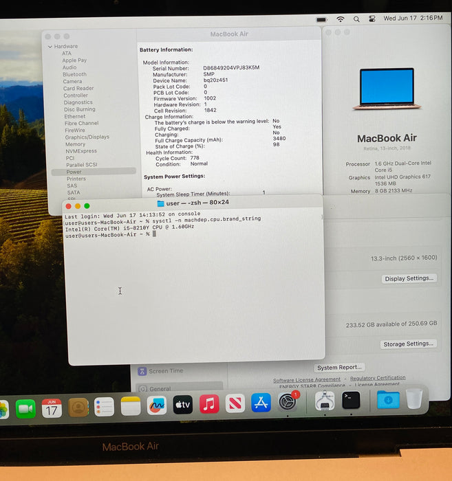 Apple MacBook Air 13" 2018 i5-8210Y 8GB RAM 256GB SSD No Power Adapter READ!