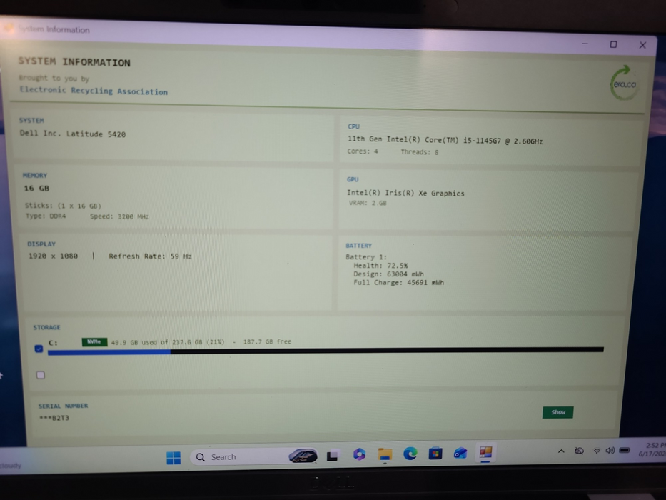 Dell Latitude 5420 Core i5-1145G7 2.6GHz 16GB DDR4 RAM 256GB SSD
