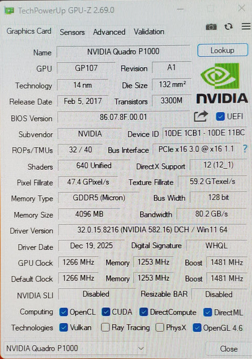 NVIDIA Quadro P1000 4GB Graphics Card - Low Profile Bracket