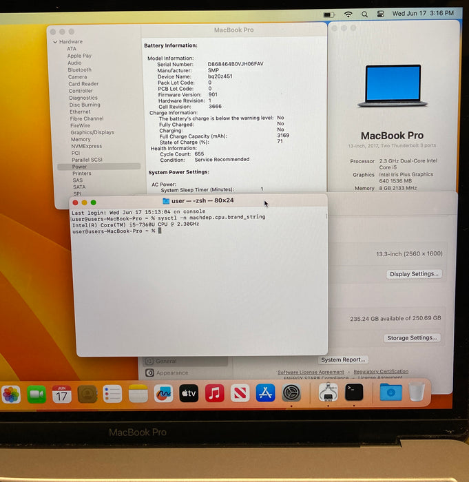 Apple MacBook Pro 13" 2017 i5-7360U 8GB RAM 256GB SSD No Power Adapter READ!