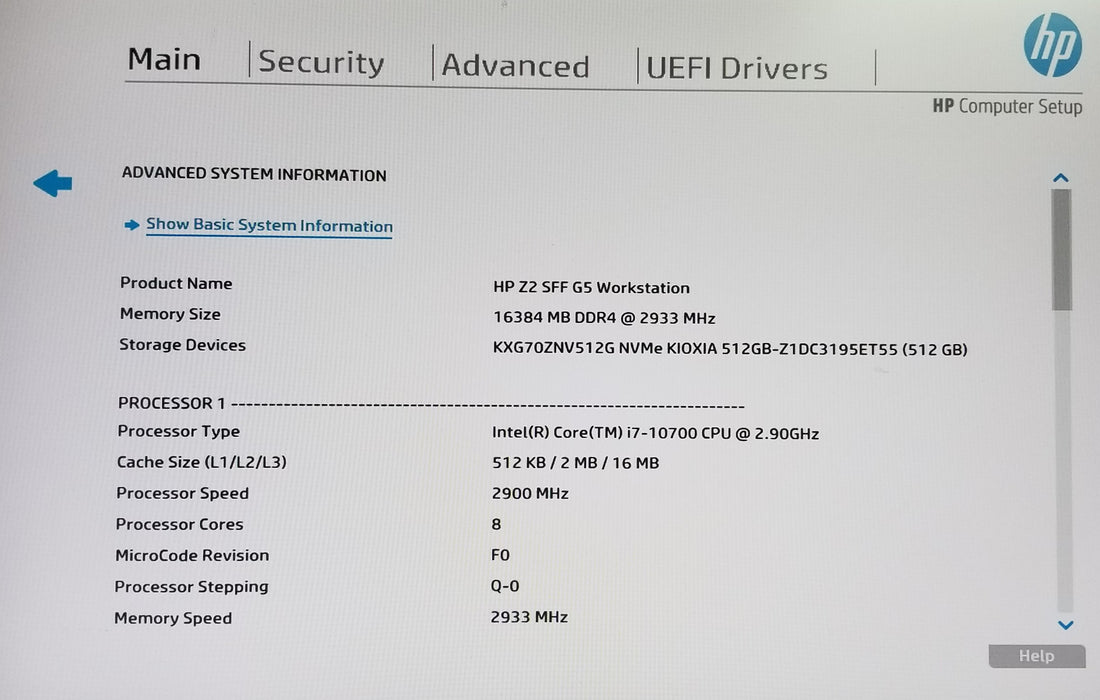 HP Z2 SFF G5 Workstation Core i7-10700 CPU 16GB RAM 512GB NMVe