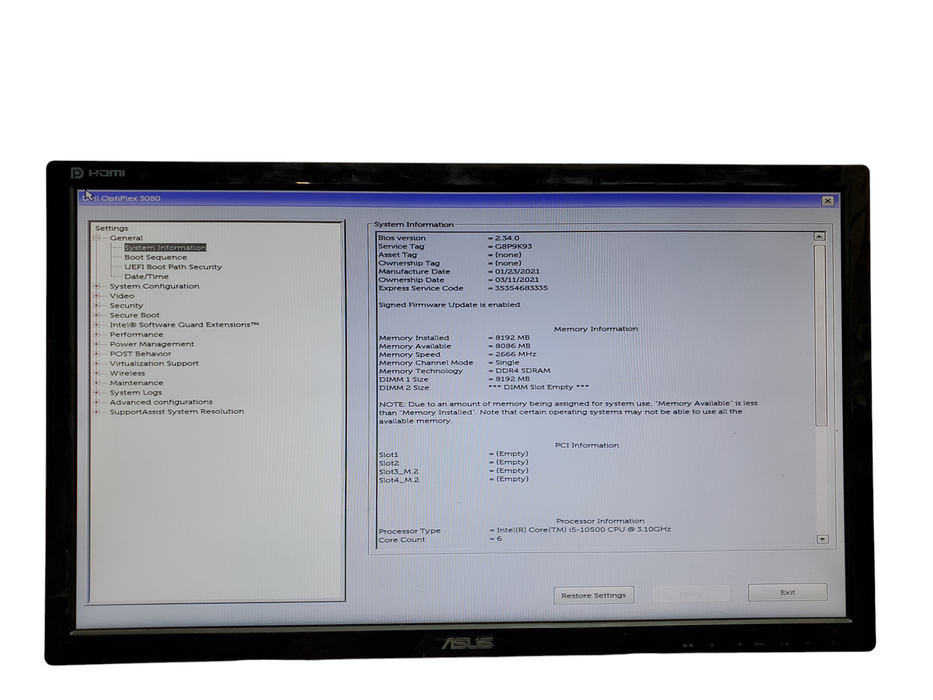 Dell OptiPlex 3080 SFF, i5-10500, 8GB DDR4, No HDD/OS