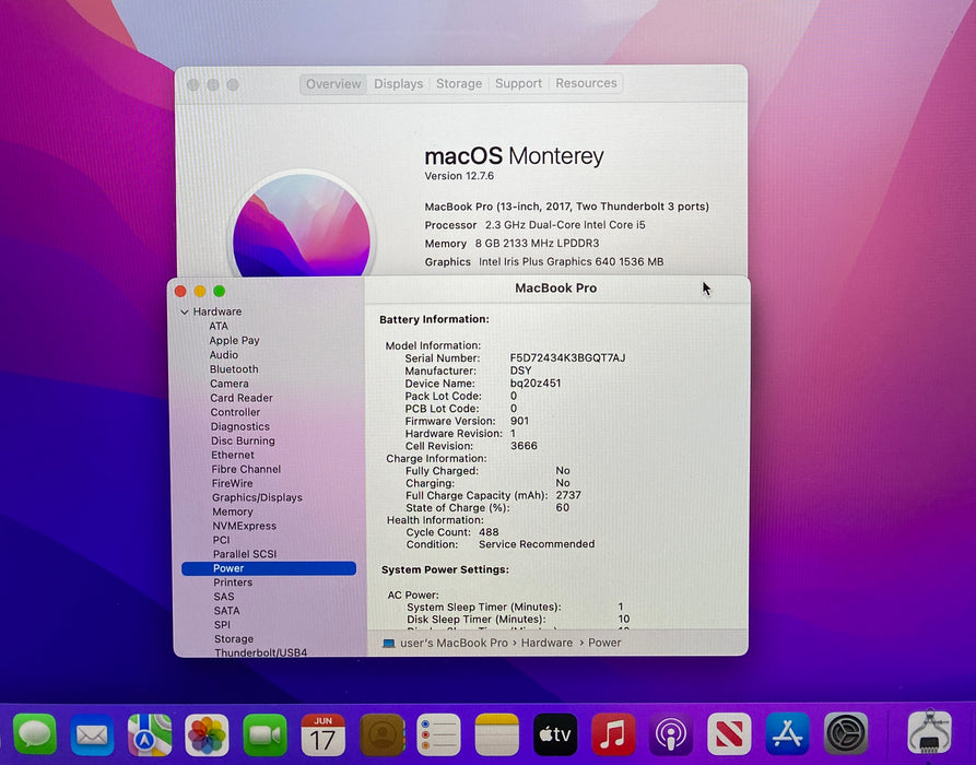 Apple MacBook Pro 13" 2017 i5-7360U 8GB RAM 256GB SSD No Power Adapter READ!