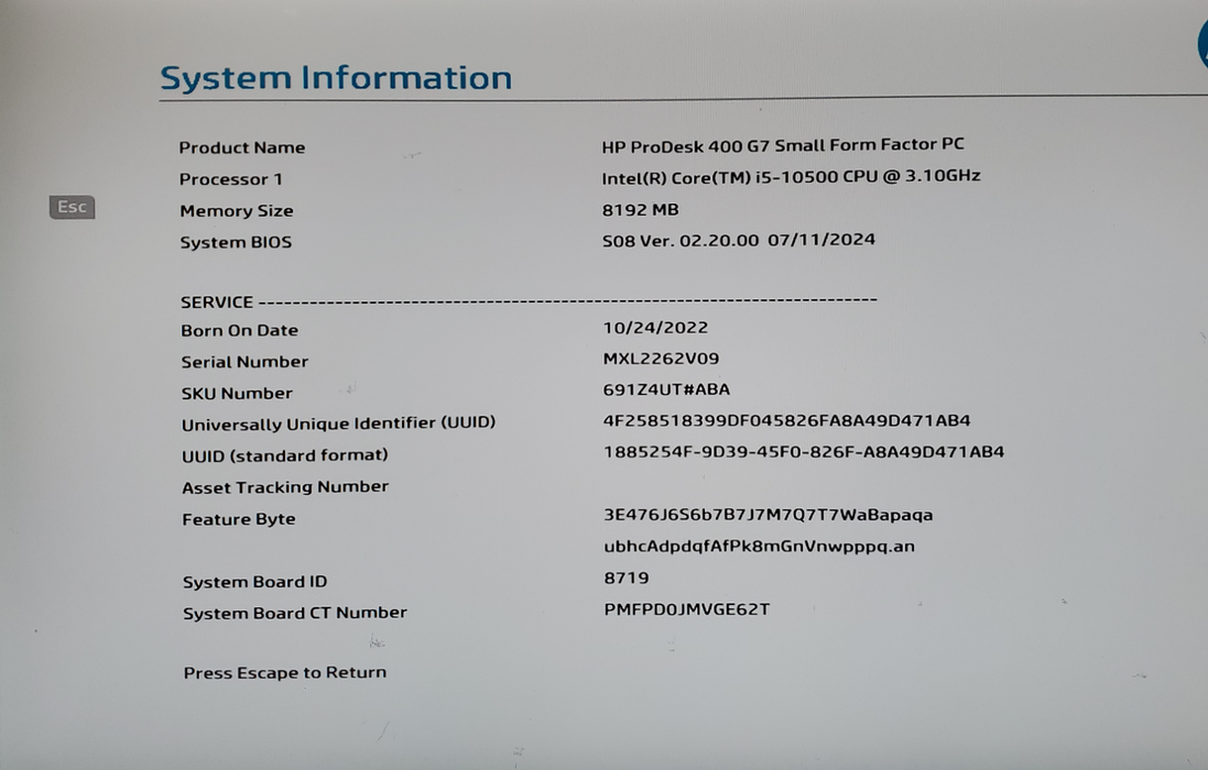 HP PRODESK 400 G7 SFF I5-10500 3.1GHZ 8GB RAM NO-HDD/SSD