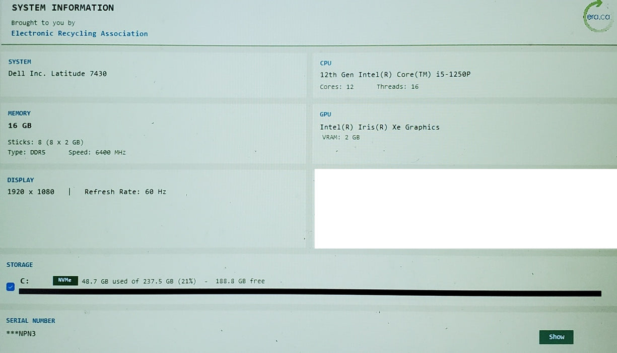 Dell Latitude 7430 14" FHD i5-1250P 16GB RAM 256GB SSD READ