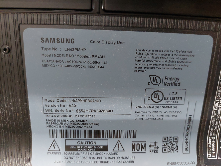 Samsung 43" Color Display UNIT / TV Model: LH43PMHP