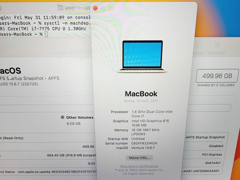 Apple Macbook Air 2017 12\\" 2-Core i7-7Y75 @ 1.3GHz 16GB DDR3 500GB SSD (