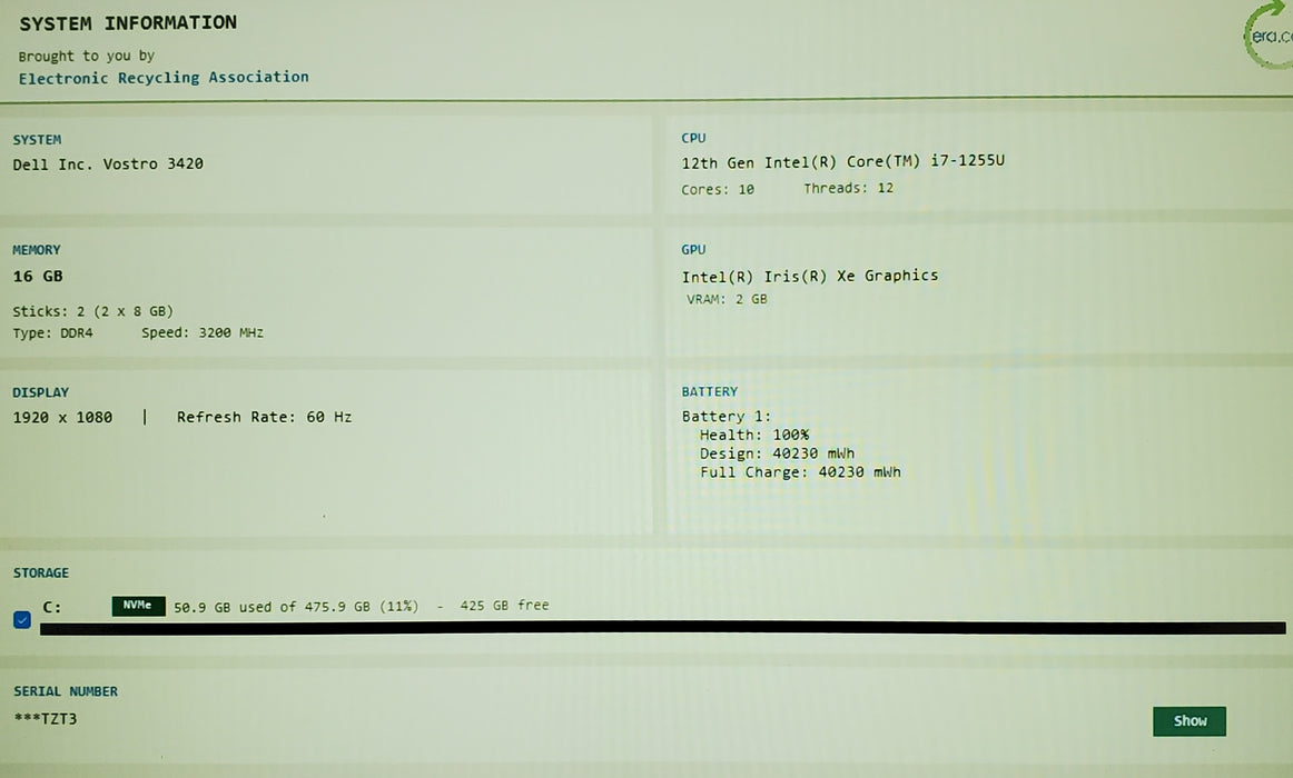 Dell Vostro 3420 i7-1255U 16GB 512GB NVMe