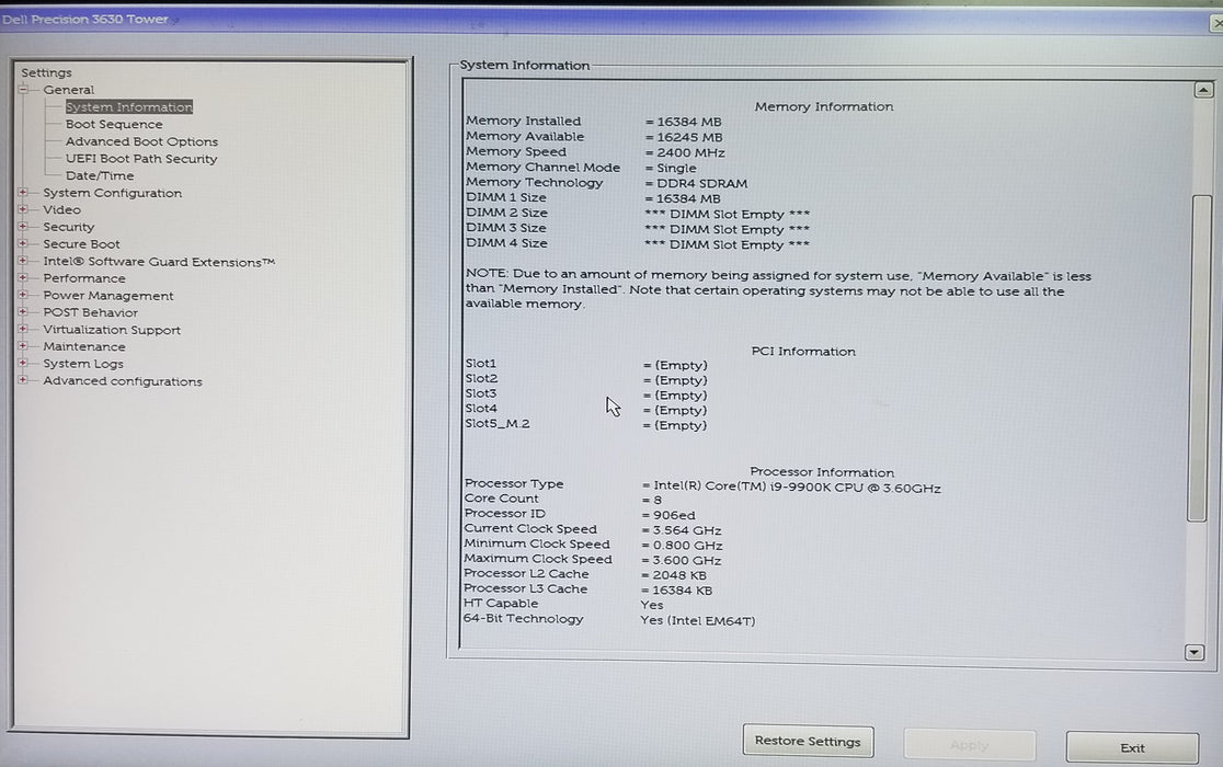 Dell Precision 3630 Tower Core i9-9900K CPU 16GB RAM 1TB HDD