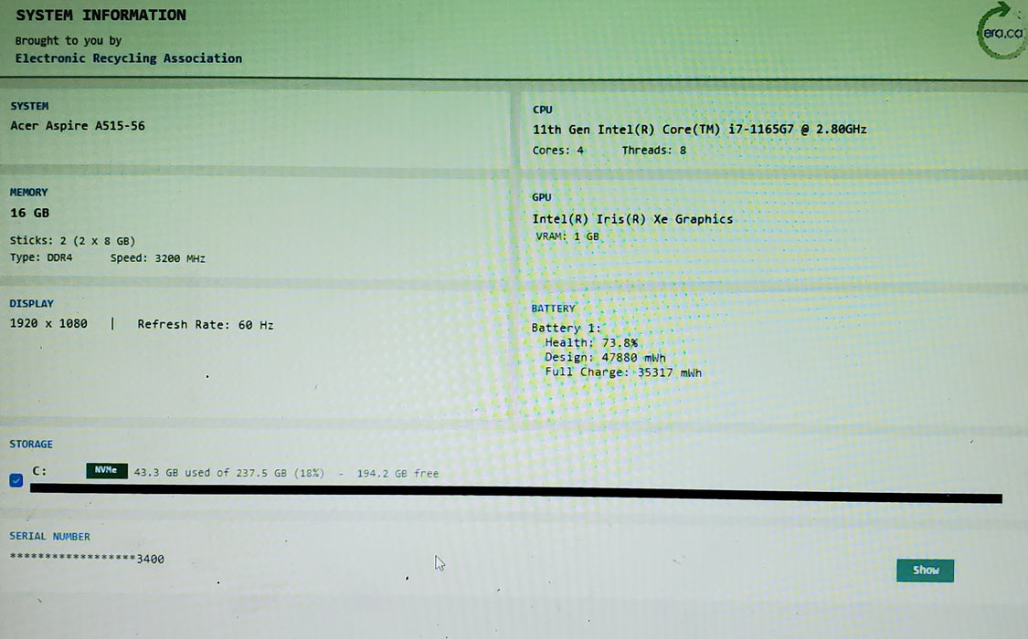 Acer Aspire A515-56 Intel Core i7-1165G7 2.80GHz 16GB RAM 256GB SSD