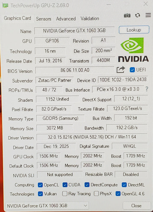 Zotac Nvidia GeForce GTX 1060 3GB GDDR5 Graphics Card