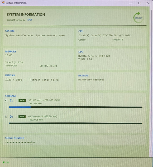 Custom PC, ASUS PRIME Z270-A, i7-7700, 16GB DDR4, GTX1070, 250GB SSD+2TB HDD