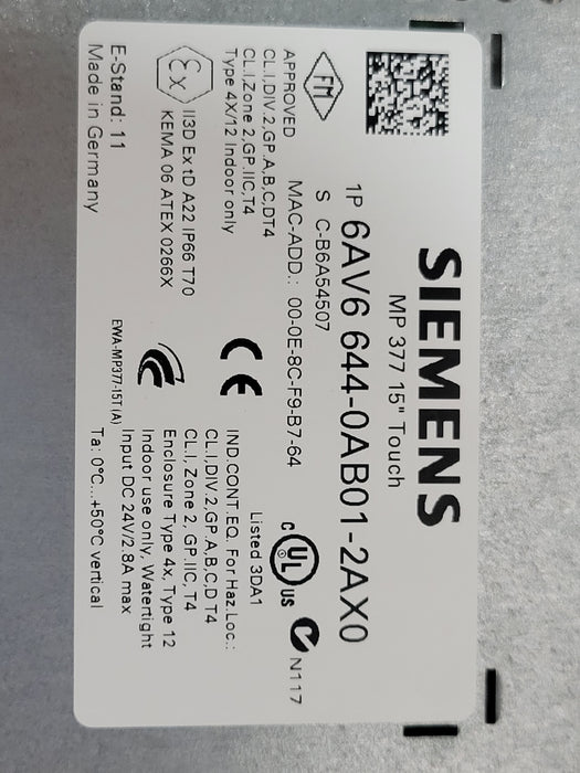 SIEMENS 6AV6 644-0AB01-2AX0 SIMATIC MP 377 15" Touch Panel, READ
