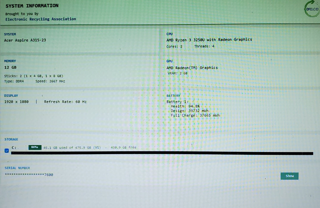 Acer Aspire A315-23 AMD RYZEN 3 3250U 12GB RAM 512GB SSD