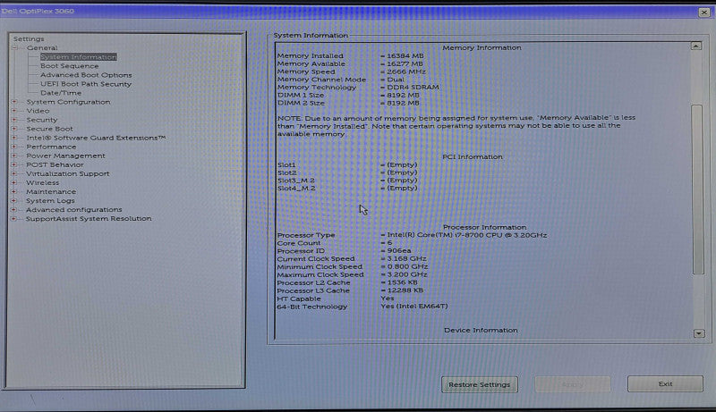 Dell OptiPlex 3060 SFF | i7-8700 @ 3.20GHz 6C, 16GB DDR4, 256GB NVMe