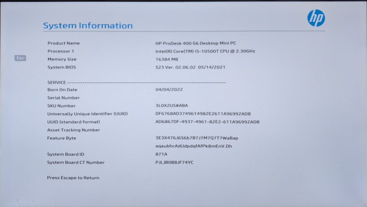 HP ProDesk 400 G6 Mini PC, i5-10500T 2.30GHz, 16GB DDR4, 256GB NVMe, 65W PWR