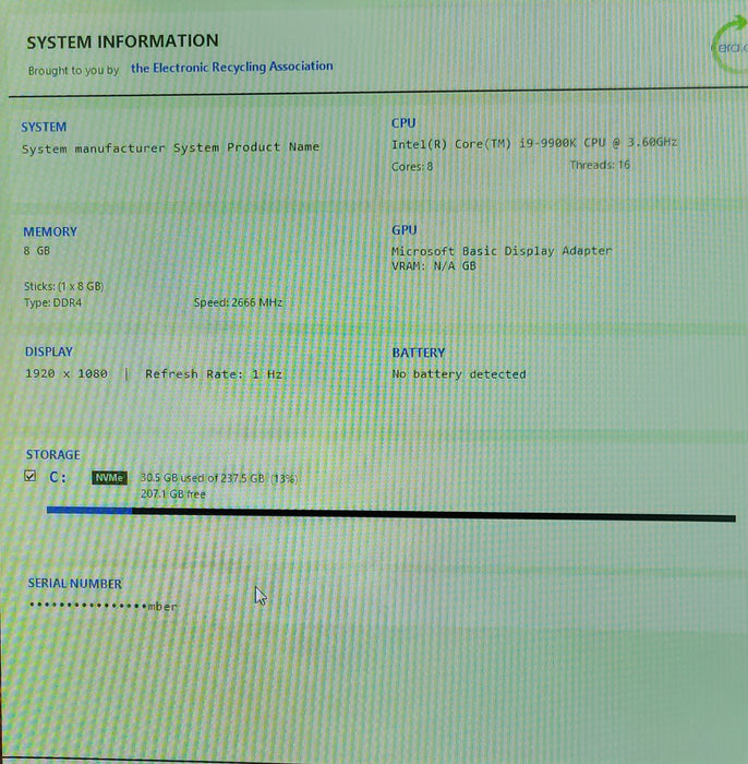 Custom/Asus Tower PC, Core I9-9900K 3.60GHz, 8GB DDr4, 256GB NVMe 1600W PSU, SEE