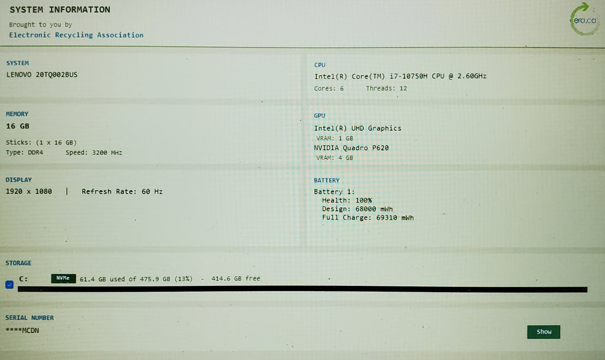 Lenovo ThinkPad P15v Gen 1 15.6” i7-10750H 16GB 512GB SSD Quadro P620 READ