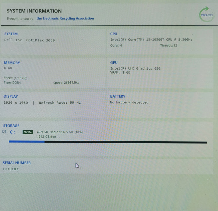 Dell OptiPlex 3080 Micro, Core i5-10500T 2.30GHz, 8GB DDR4, 256GB NVMe, Wi-Fi