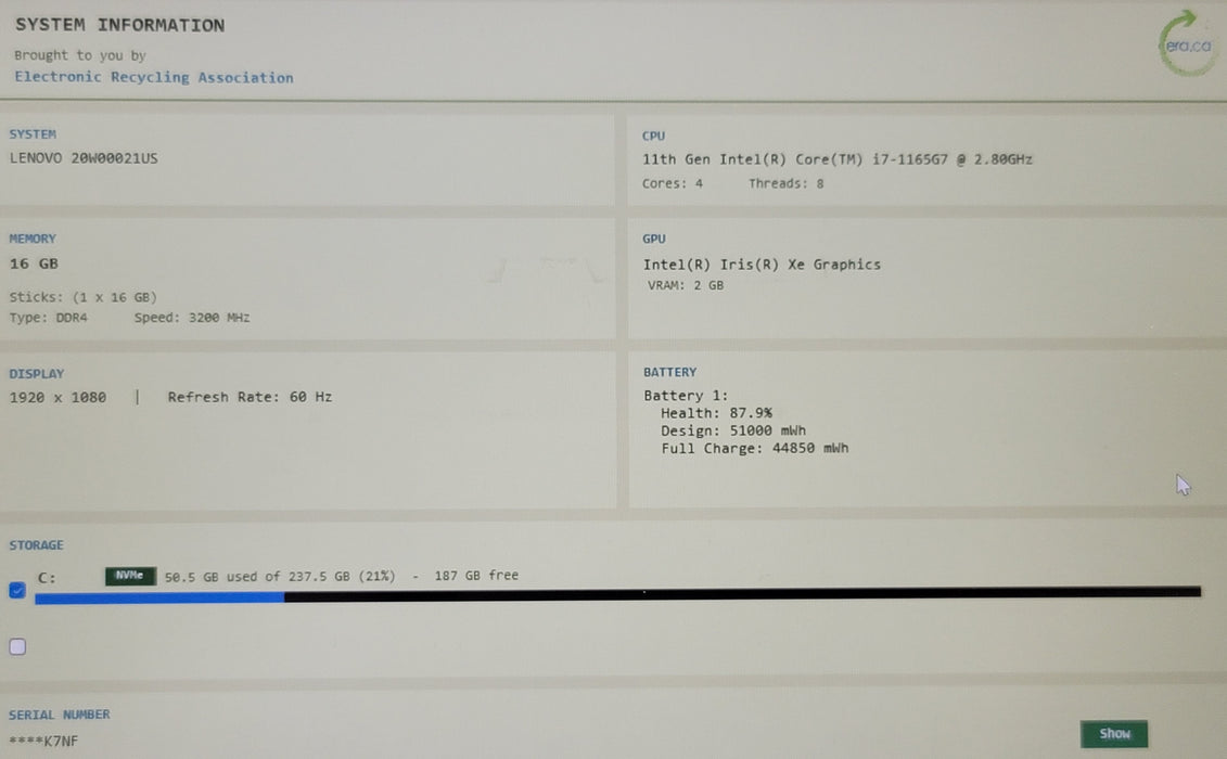 Lenovo ThinkPad T14 Gen 2 i7-1165G7 16GB DDR4 256GB NVMe READ