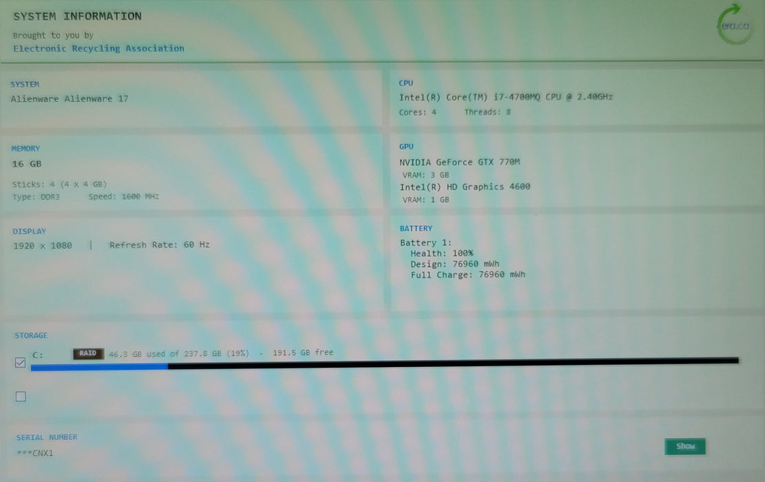 Alienware 17 i7-4700MQ 16GB DDR3 GTX 770M 256GB SSD