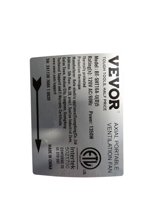 VEVOR Axial Portable Ventilation Fan 1350W Power Model: BT-SHT16A-U  5175 CFM