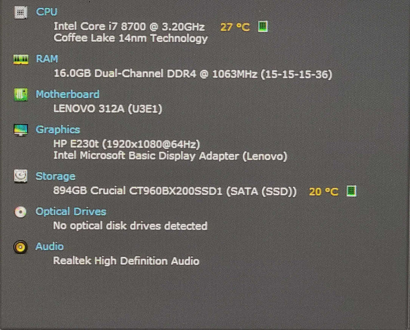 Lenovo ThinkCentre M720s, Core i7-8700 3.2GHz, 16GB RAM, 960GB SSD