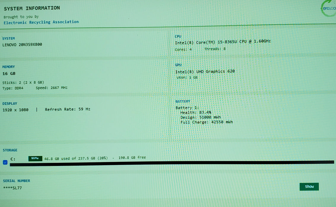 LENOVO T490 i5-8365U @1.60GHz 16GB Ram 256GB