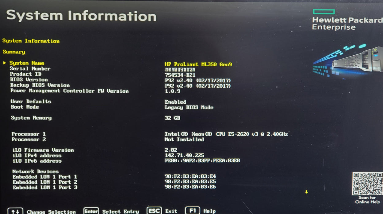 HP ProLiant ML350 Gen9 - 1x Xeon E5-2620 v3, 32GB DDR4, P440ar - No HDD