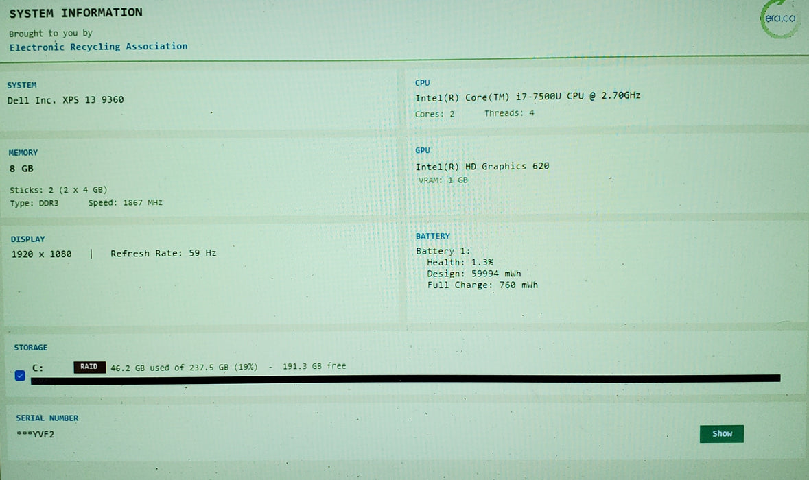 Dell XPS 13 9360 i7-7500U 2.70GHz 8GB RAM 256GB SSD  READ