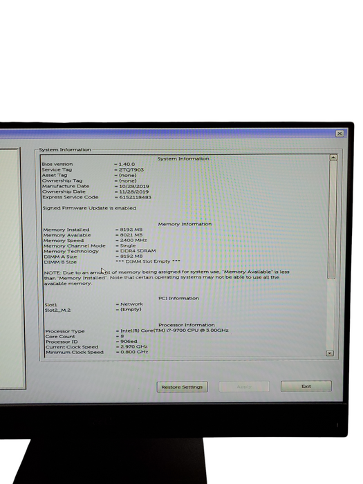 Dell 7470 All-In-One 23.8" FHD I7-9700 8GB RAM NO HDD/SSD/OS