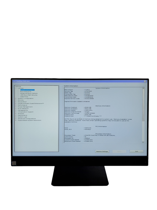 Dell 7470 All-In-One 23.8" FHD I7-9700 8GB RAM NO HDD/SSD/OS