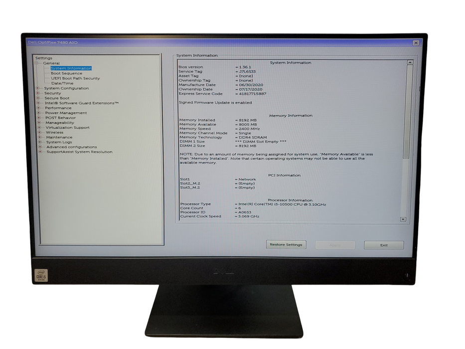 Dell OptiPlex 7480 AIO, i5-10500, 8GB DDR4, No HDD/OS