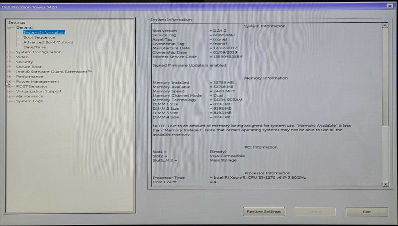 Dell Precision 3420, E3-1270v6 3.80GHz, 32GB DDR4, 256GB Nvme, Nvidia Quadro P600 Q